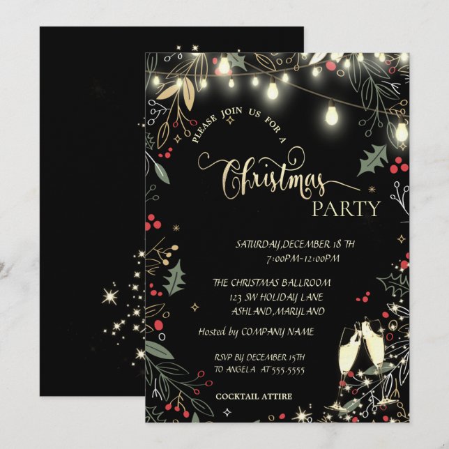 Invitation Holly Berry, Lumières, Glass Company Noël fête (Devant / Derrière)