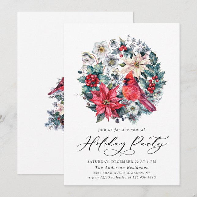 Invitation Holly Berry Red Cardinal Vintage Holiday Party (Devant / Derrière)