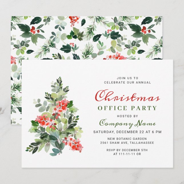 Invitation Holly Berry Tree Corporate Christmas Party FÊTE (Devant / Derrière)