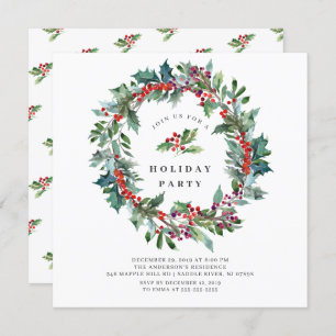 Invitation Holly Berry Wreath Fête de Noël