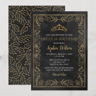 Invitation Holly Black Gold Princess Tiara Sweet 16 Anniversa