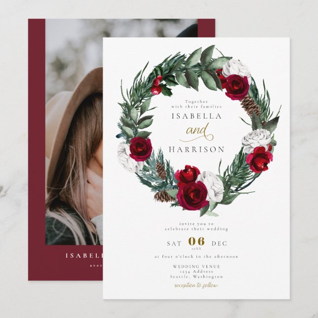 Invitation HOLLY Christmas Burgundy Floral Photo Mariage (Devant / Derrière)