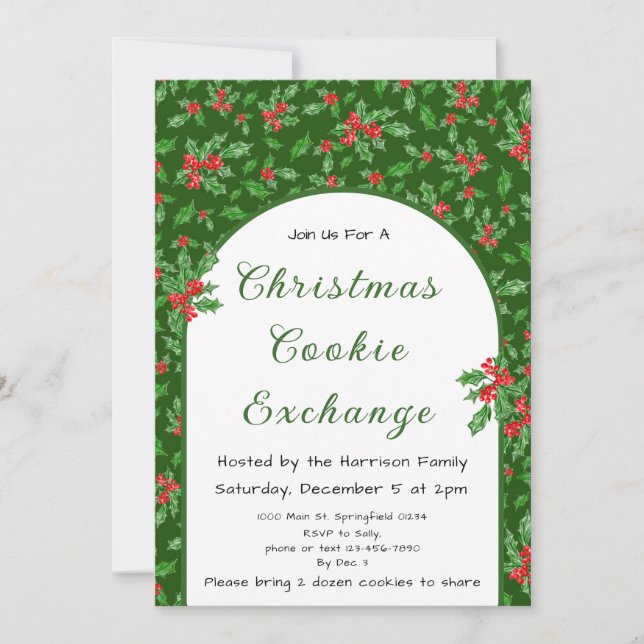 Invitation Holly Christmas Cookie Exchange Rouge et Vert (Devant)