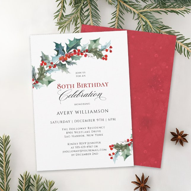 Invitation Holly et Berries Evergreens 80e fête d'anniversair (Available in both printed and instant download digital formats for your convenience.)