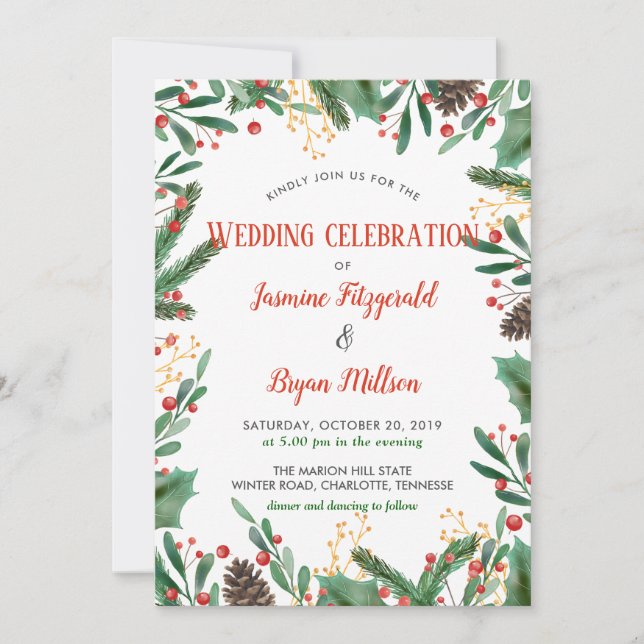 Invitation Holly Feuilles Berry Noël | Mariage (Devant)