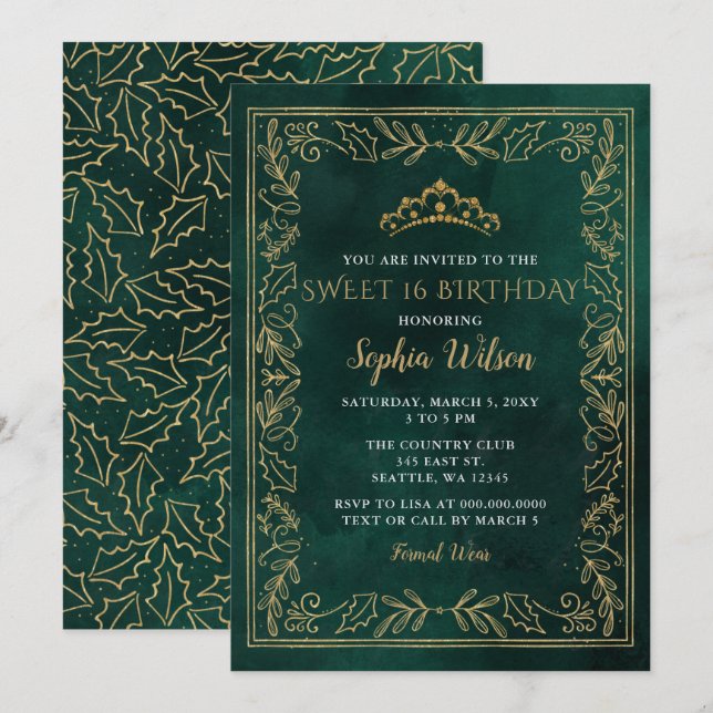 Invitation Holly Green Gold Princesse Tiara Sweet 16 Annivers (Devant / Derrière)