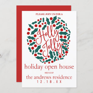 Invitation Holly Jolly Citer Leaf Berries Holiday Open House