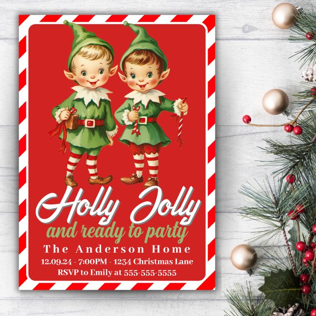 Invitation Holly Jolly Vintage Christmas Elves (Holly Jolly Vintage Christmas Elves Holiday Party Invitation)