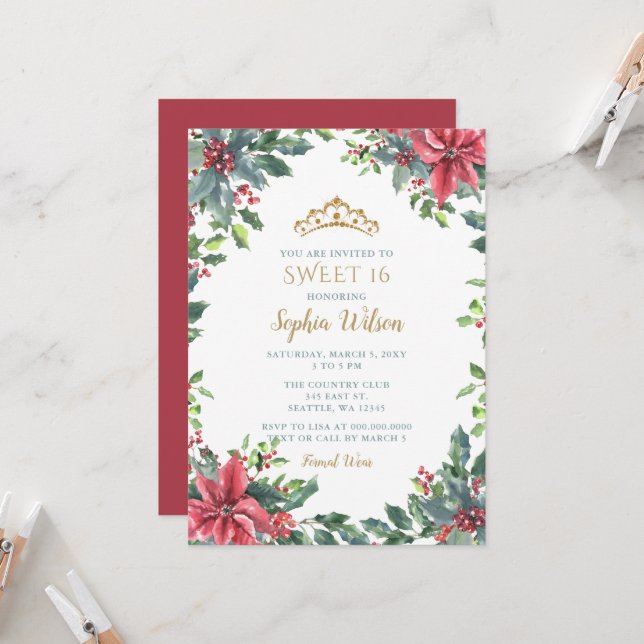 Invitation Holly Poinsettias Gold Princess Tiara Sweet 16 (Devant/Arrière en situation)