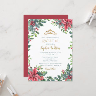 Invitation Holly Poinsettias Gold Princess Tiara Sweet 16