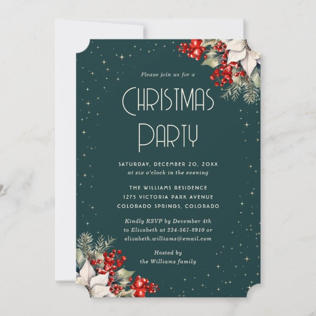 Invitation Holly Red Berries Poinsettia Green Christmas Party (Devant)