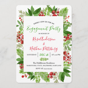 Invitation Holly Red Berry Christmas Modern Engagement Party