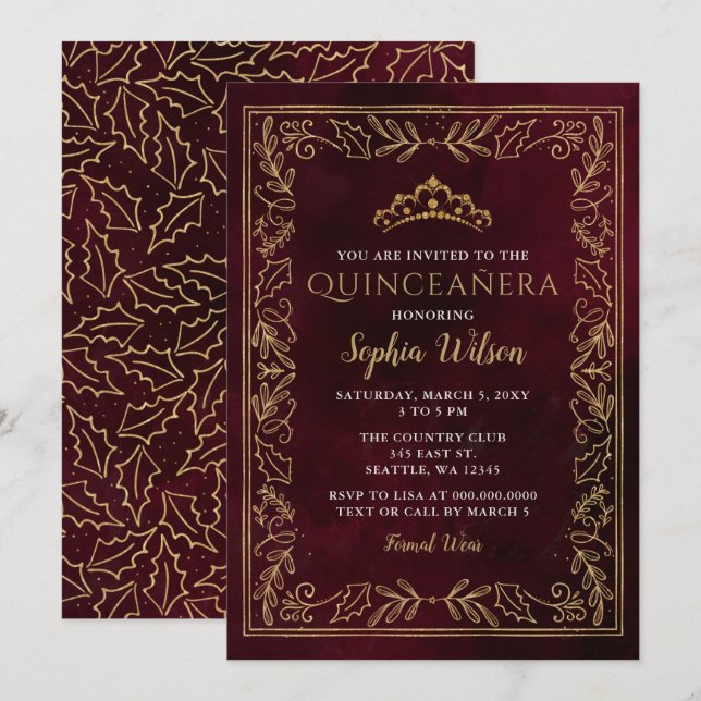 Invitation Holly Red Gold Princesse Tiara Quinceañera (Devant / Derrière)