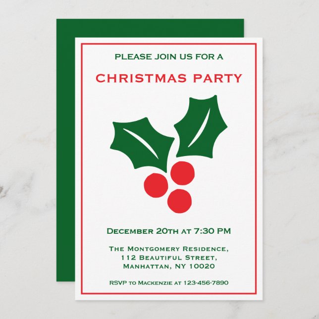 Invitation Holly Rouge Blanc Et Vert Nom Fun Noël Fun (Devant / Derrière)