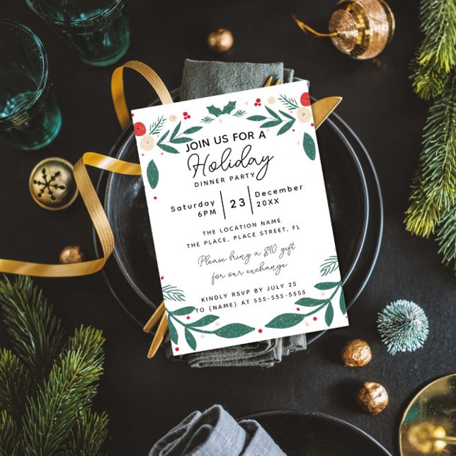 Invitation Holly Wreath Holiday Dinner Party Foliage Greenery (Créateur téléchargé)