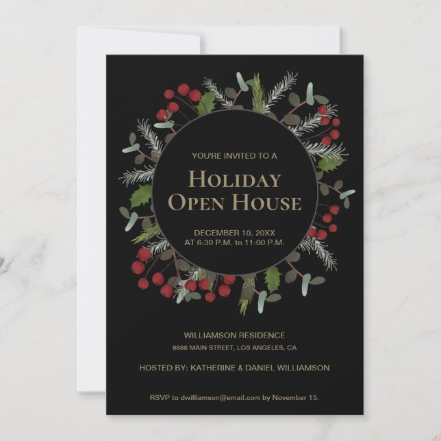 Invitation Holly Wreath Holiday Open House Christmas Party (Devant)