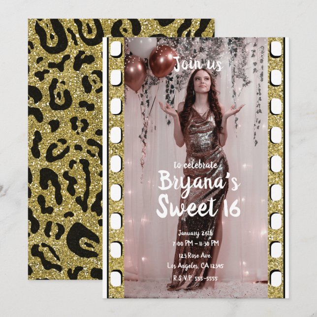 Invitation Hollywood Film Cheetah Photographie Sweet 16 (Devant / Derrière)