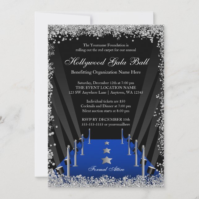 Invitation Hollywood Gala Ball Blue Carpet Parties scintillan (Devant)