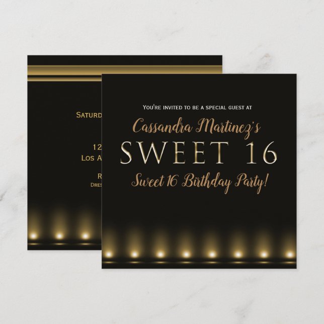 Invitation Hollywood Lights Gold Typographie Sweet 16 Party (Devant / Derrière)