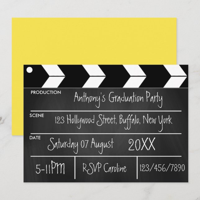Invitation Hollywood Movie Graduation Party Chalkboard Invit (Devant / Derrière)
