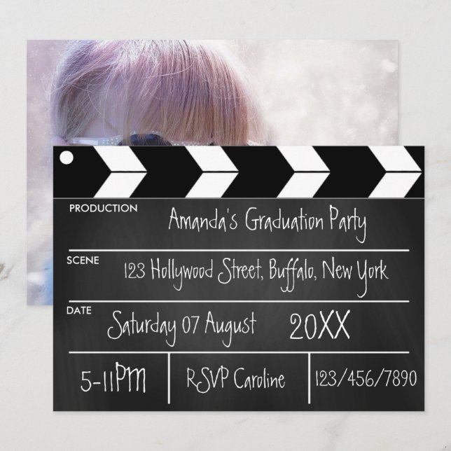 Invitation Hollywood Movie Graduation Party Chalkboard Photo (Devant / Derrière)