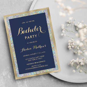 Invitation Holographe bleu marine or argent Bachelor Party