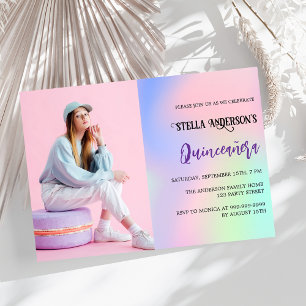 Invitation Holographe rose violet photo luxe Quinceanera