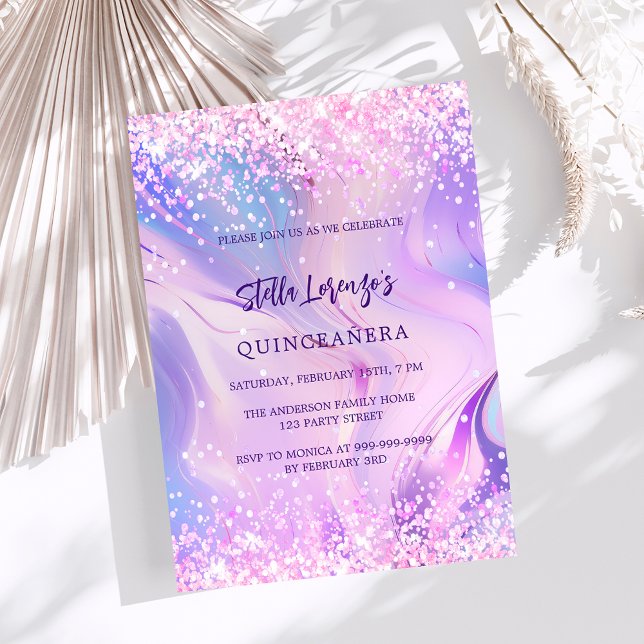 Invitation Holographe rose violet Quinceanera (Créateur téléchargé)