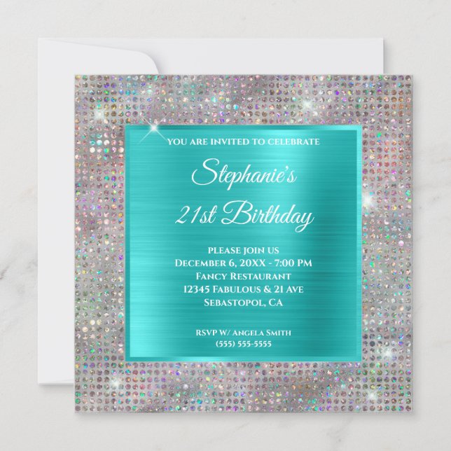 Invitation Holographe Turquoise Diamant Éclairé Peau Annivers (Devant)