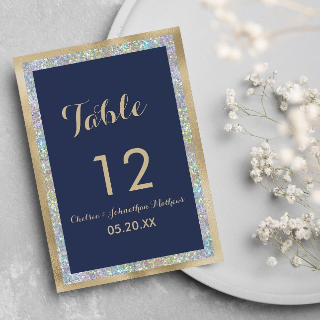 Invitation Holographie en or bleu marine Numéro de tableau (Navy blue gold silver holographic Table Numbers)