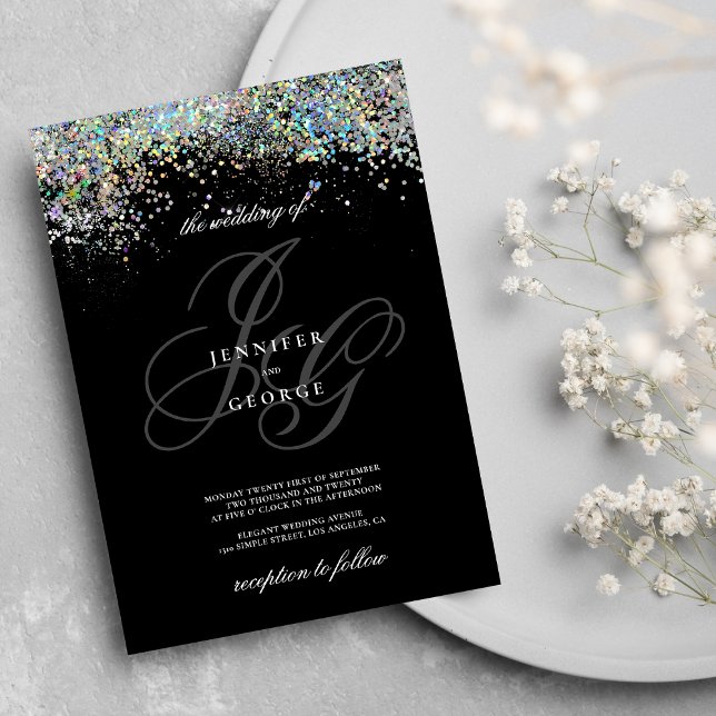 Invitation Holographie or argent parties scintillant initiale (Holographic gold silver glitter initials wedding)