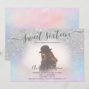 Invitation Holographie rose argent parties scintillant Sweet 