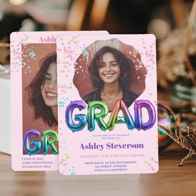 Invitation Holographique Ballons Lettering Graduation 2 Photo (Holographic Balloon Lettering Graduation 2 Photos Invitation)