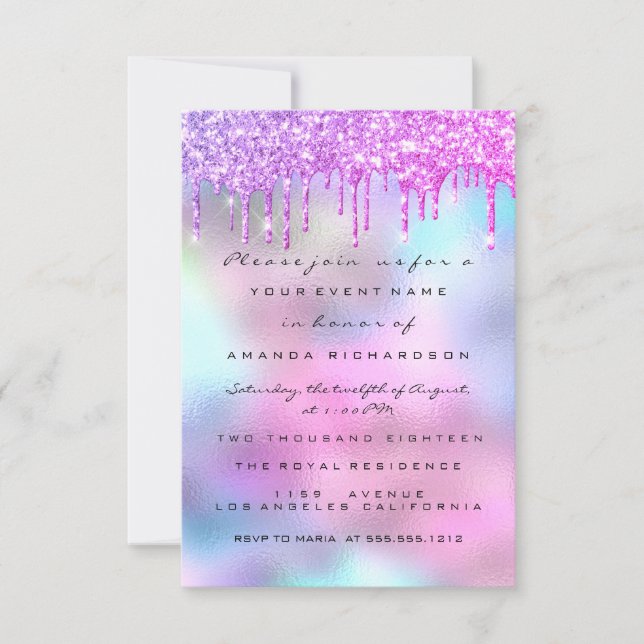 Invitation Holographique Fête des mariées rose bleu doux 16e (Devant)