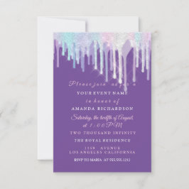 Invitation Holographique gouttes licorne rose pourpre Quincea