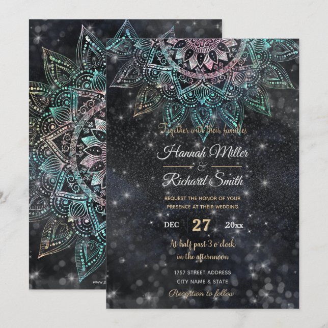 Invitation Holographique magique Parties scintillant Mandala  (Devant / Derrière)