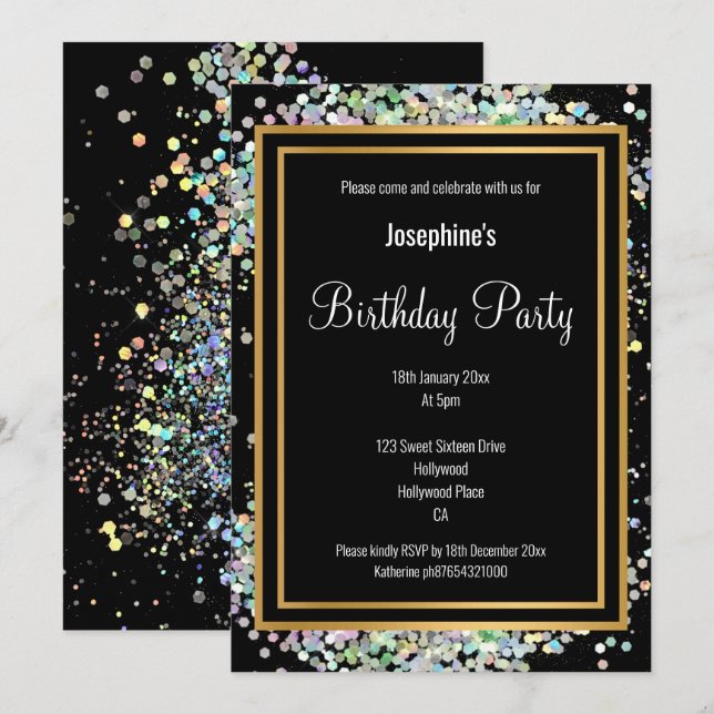 INVITATION HOLOGRAPHIQUE PASTEL TOUT ROSE NOIR OR ANNIVERSAIR (Devant / Derrière)