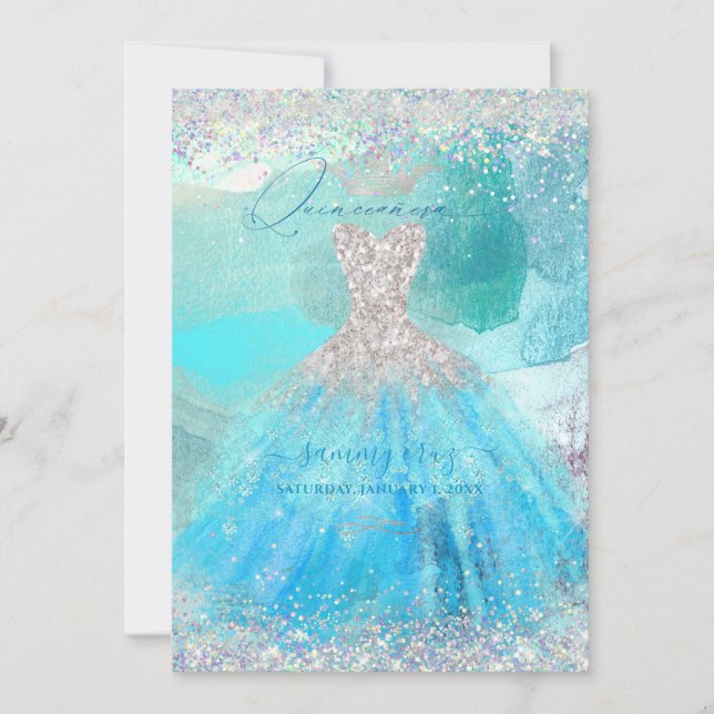 Invitation Holographique Quinceanera Aqua Blue Aquarelle Gown (Devant)