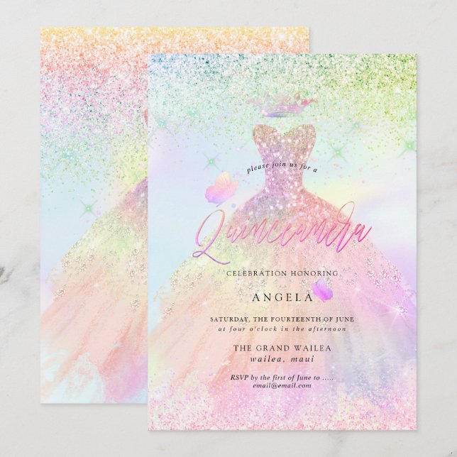 Invitation Holographique Quinceanera Princesse+Papillons (Devant / Derrière)