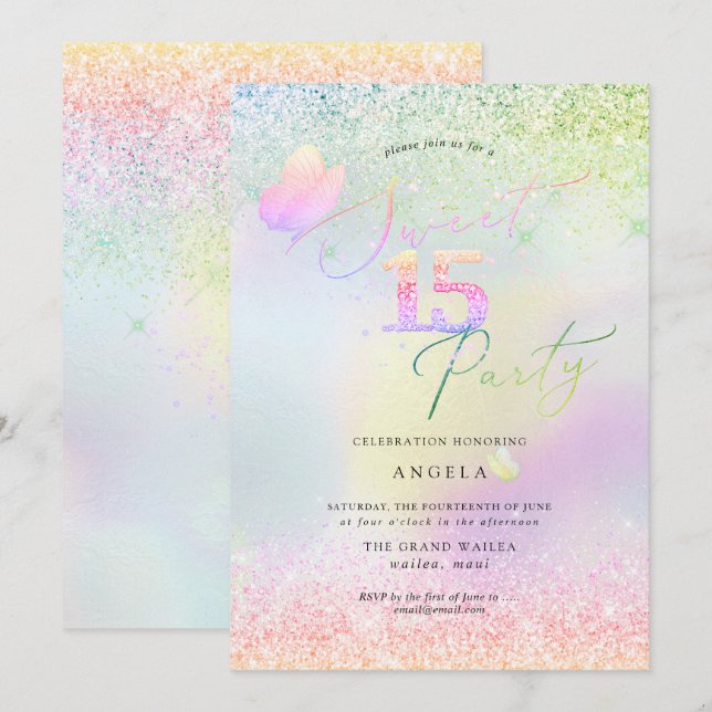 Invitation Holographique Sweet 15 Parties scintillant de diam (Devant / Derrière)