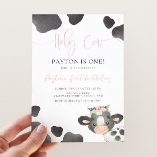 Invitation Holy Cow 1st Birthday, Girl Floral Cow B'day Party
