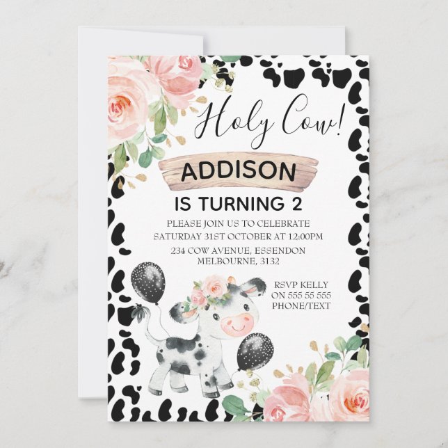 Invitation Holy Cow Floral and Cow Imprimer 2e Invitat d'anni (Devant)