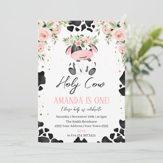 Invitation Holy Cow I'm One. Little Cow. Floral Birthday (Debout devant)
