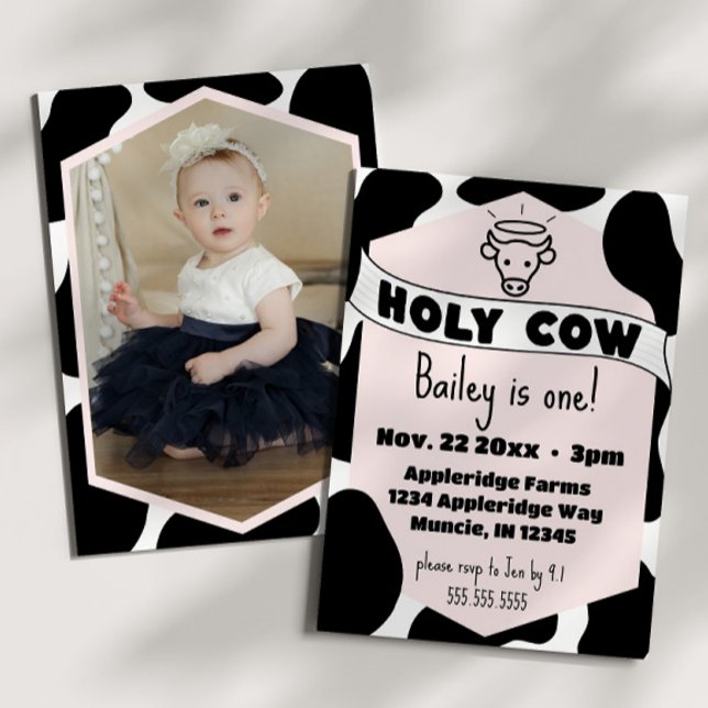 Invitation Holy Cow Photo Kid Cow Imprimer Joli Anniversaire  (Holy cow cute kid's birthday party invitation pink cow print modern bday invite )