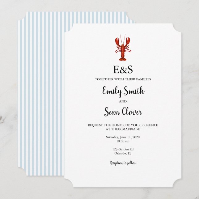 Invitation Homard Mariage nautique Monogramme Bleu Bande (Devant / Derrière)