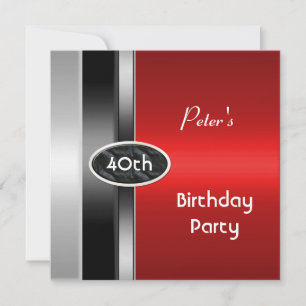 Invitation Homme Argent Métallisé Rouge 40e Anniversaire Fête