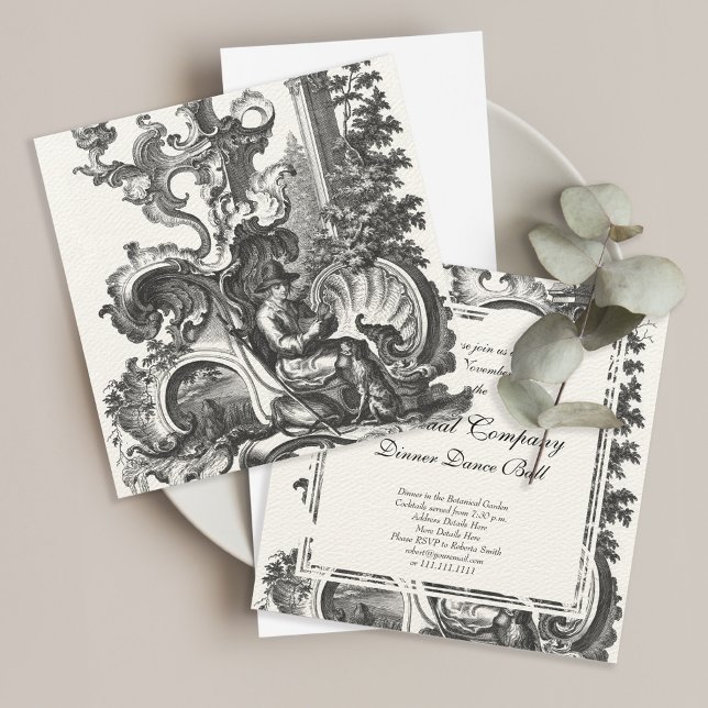 Invitation Homme et son chien Baroque Toile de Jouy (Shown on Felt Ecru paper)