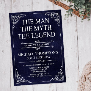 Invitation Homme Mythe Légende Bleu Surprise 50e anniversaire