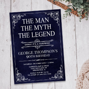 Invitation Homme Mythe Légende Bleu Surprise 90e anniversaire