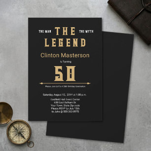 Invitation Homme Mythe Légende Noir Or Élégant 50e Anniversai